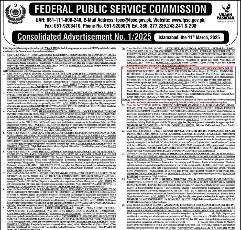 FPSC Asf Inspector Jobs