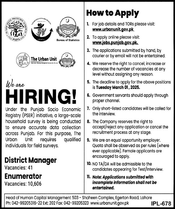 Enumerator Jobs in Urban Unit
