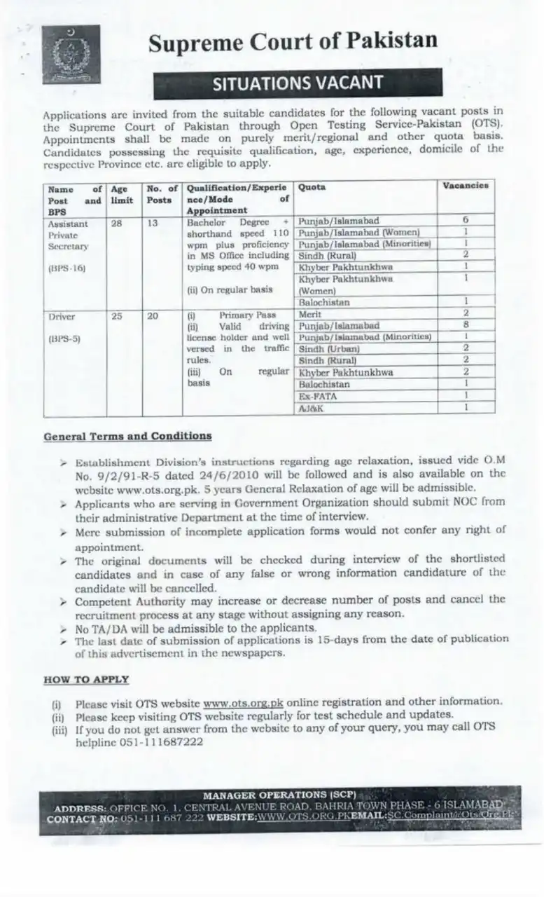 Supreme Court of Pakistan Jobs 2025