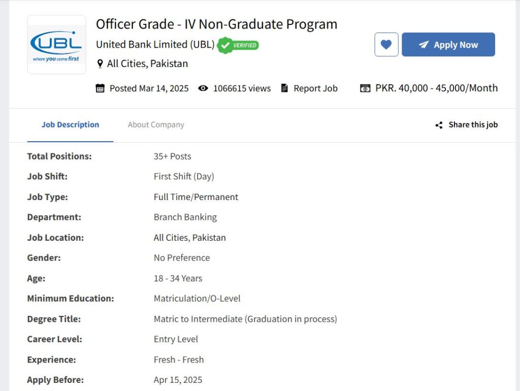 UBL Bank Jobs 2025