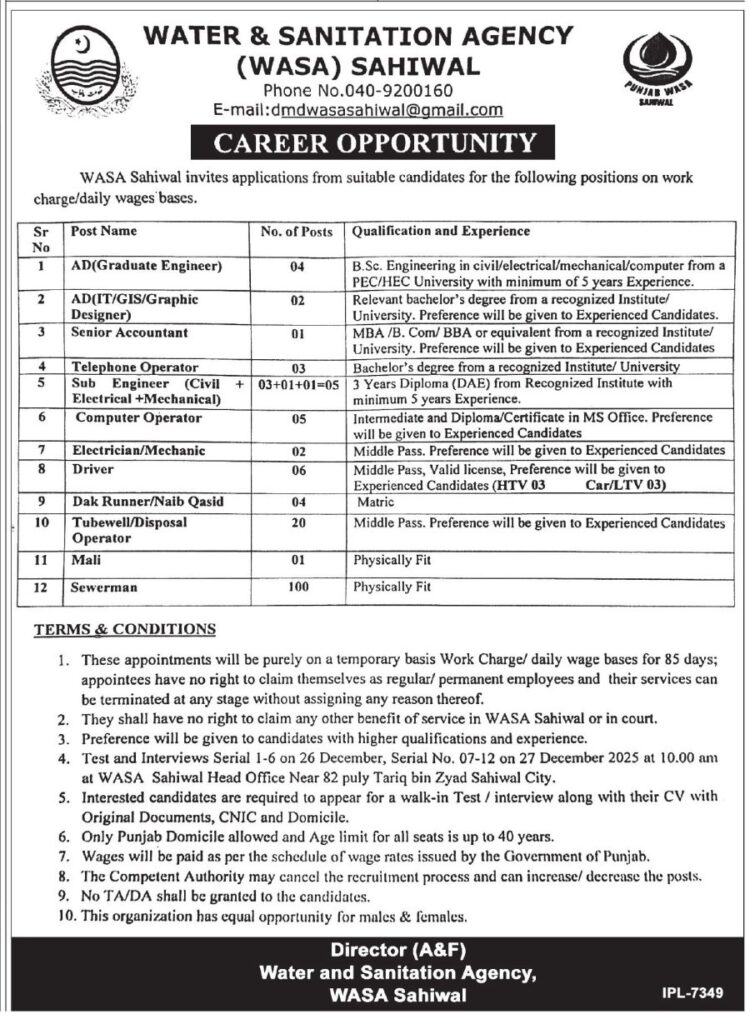 Wasa Jobs Sahiwal December 2025 2 wasa jobs sahiwal